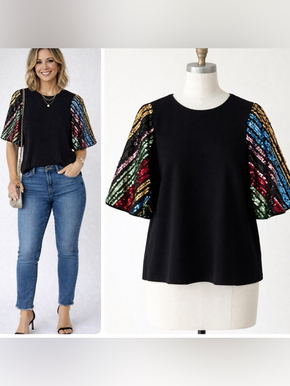 THML Black Ribbed Top Rainbow Sequin Flare Sleeves Girls Night Party Size Small